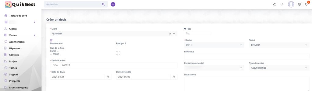 Créer un devis 2 Créer un devis