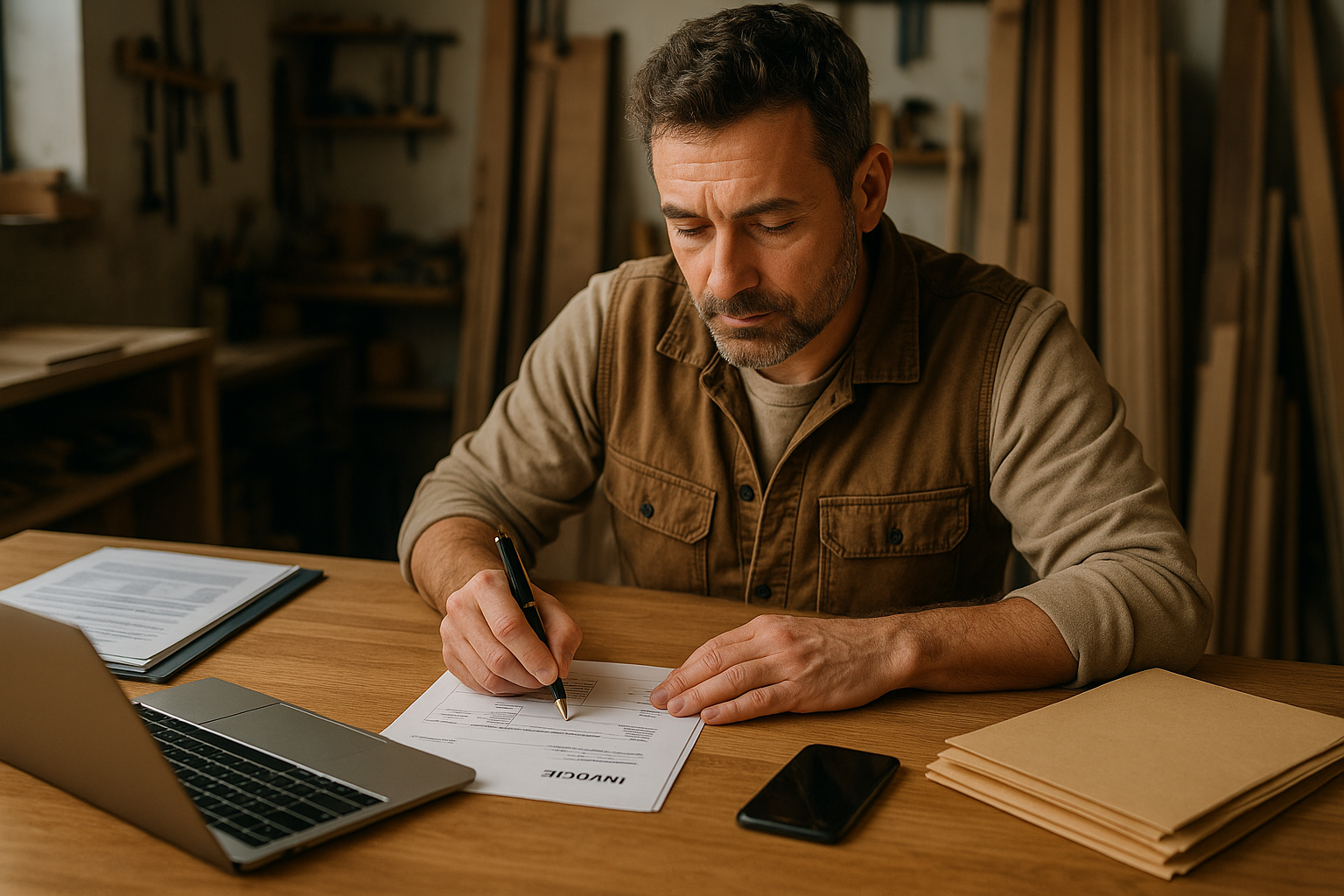 Un artisan rédigeant une facture d’acompte conforme dans son bureau.