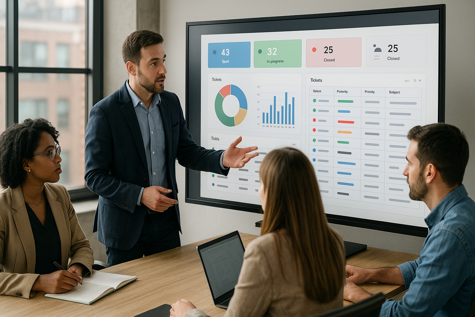 Équipe de bureau utilisant un tableau numérique pour gérer le service client avec un système de tickets.