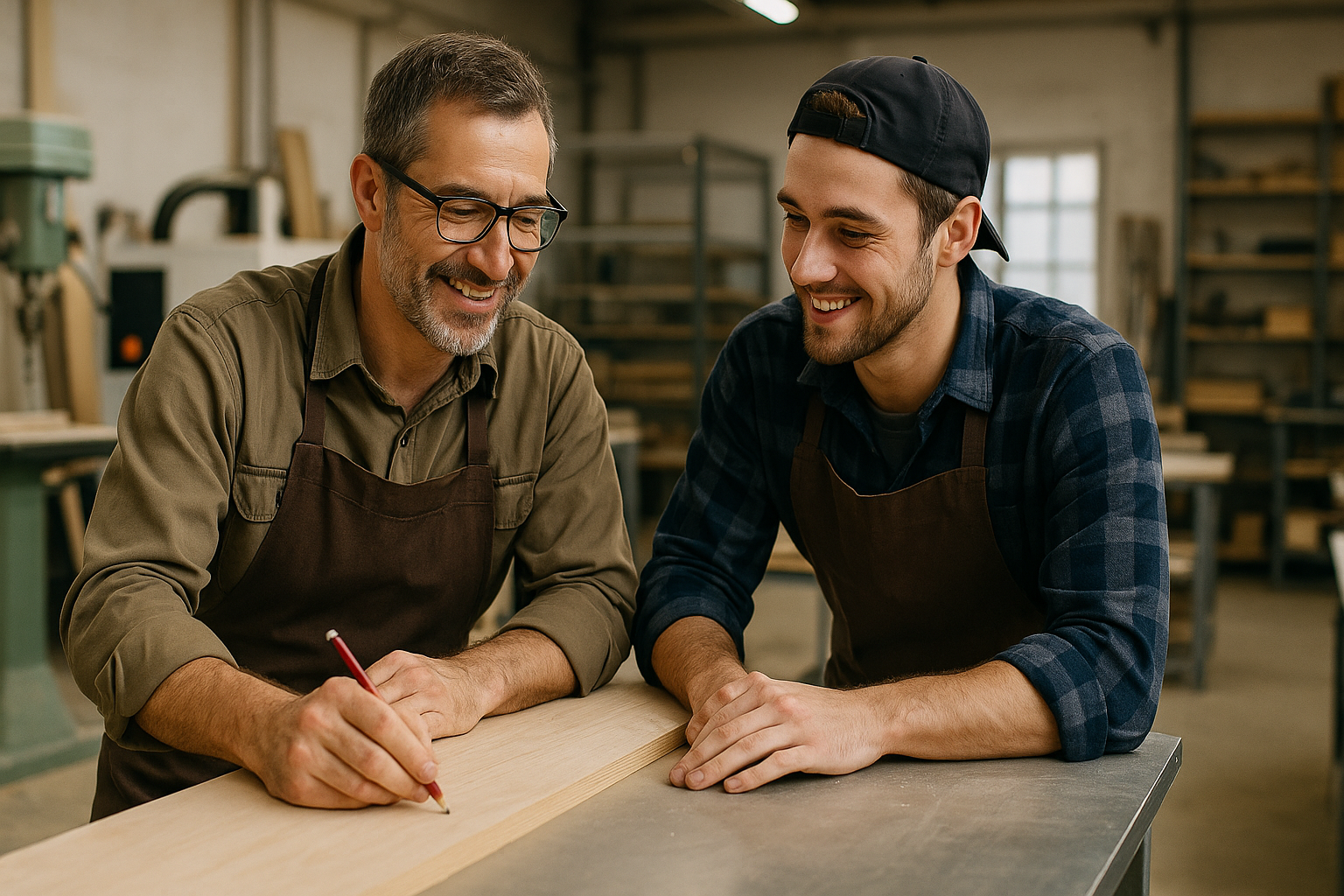 Artisan et nouvel employé dans un atelier bien structuré.