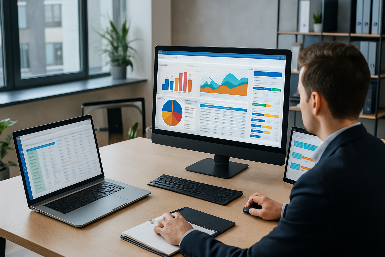Bureau moderne avec écrans illustrant des logiciels de gestion.