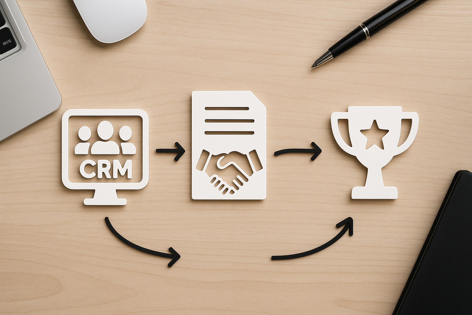 Illustration du parcours client de la prospection à la fidélisation dans un cadre moderne.