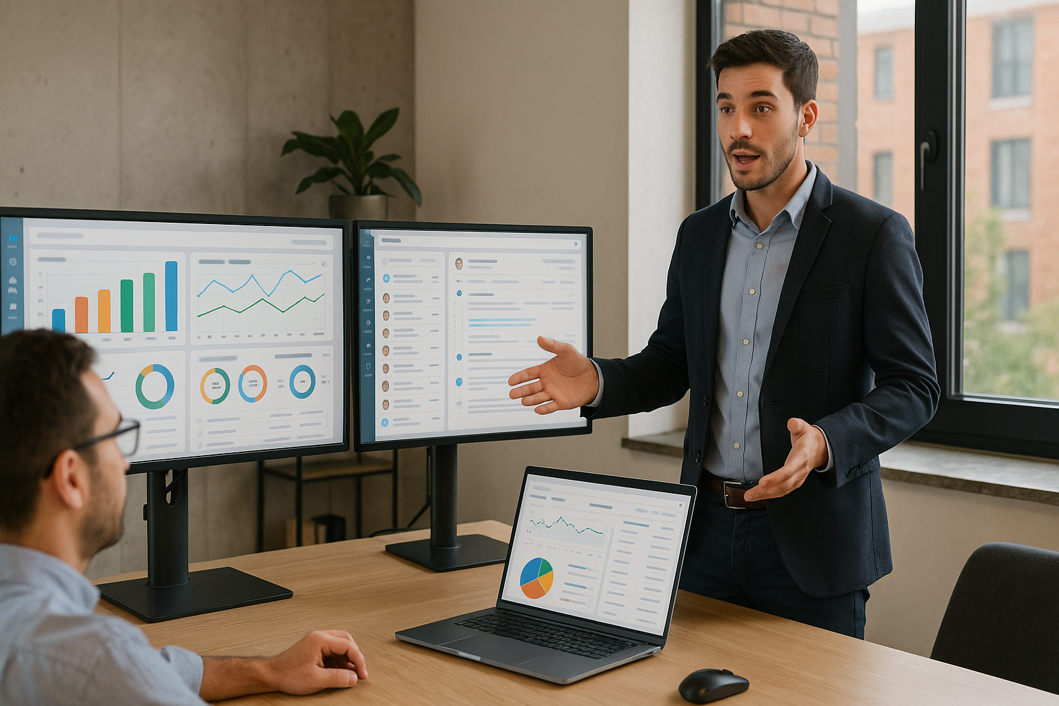 Bureau moderne avec une interface CRM et un employé en présentation.