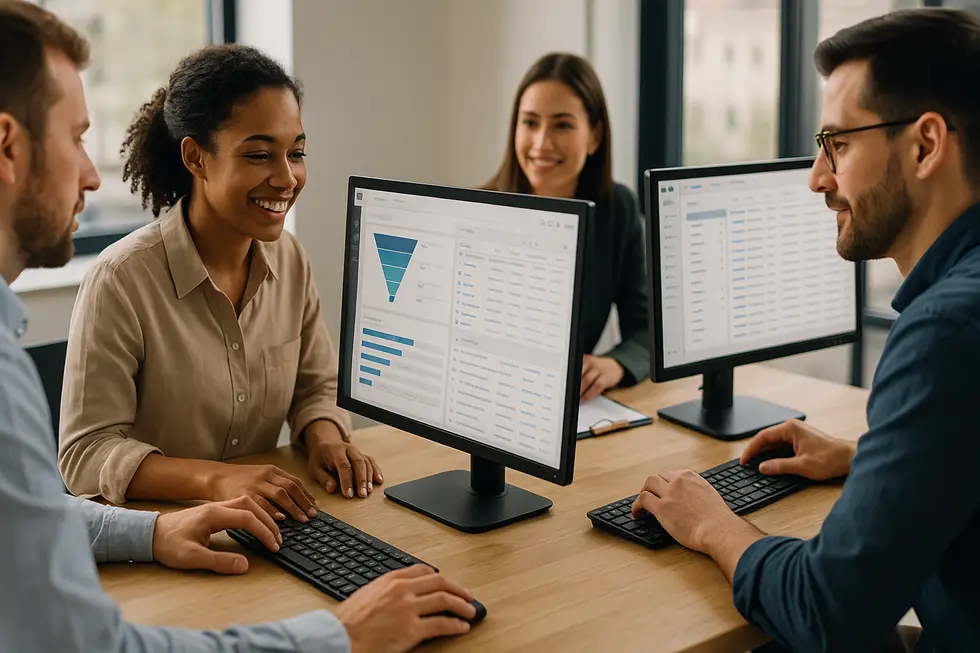 Professionnels utilisant un CRM moderne pour travailler en équipe.