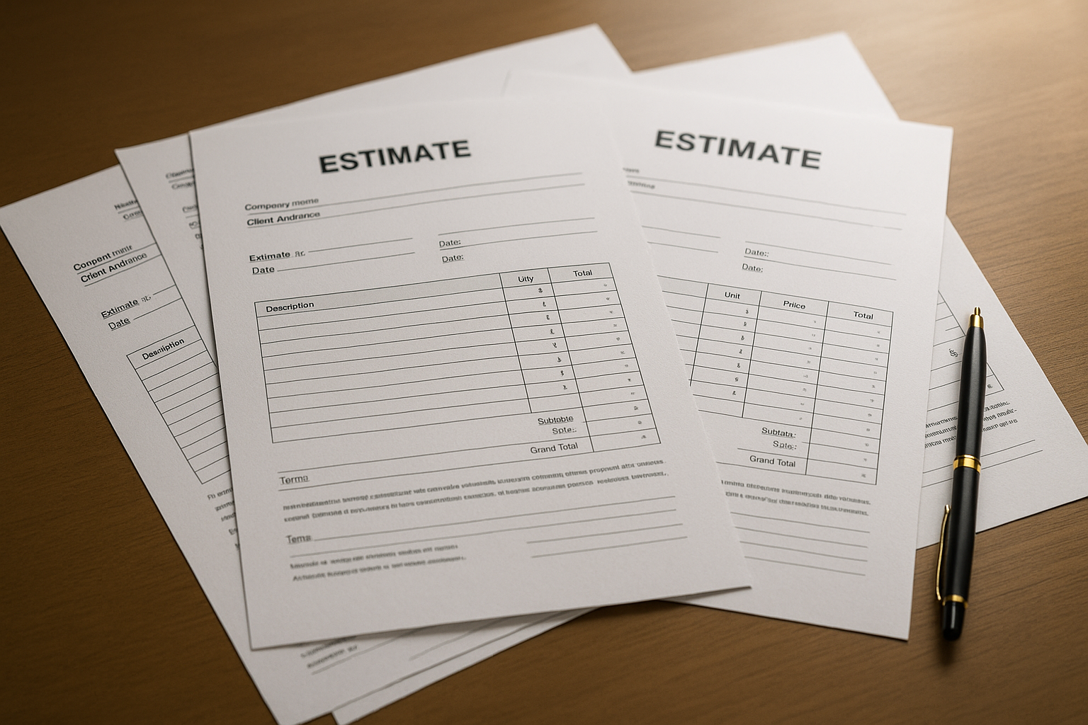 Des devis alignés et bien détaillés avec une lumière professionnelle, soulignant les mentions légales.