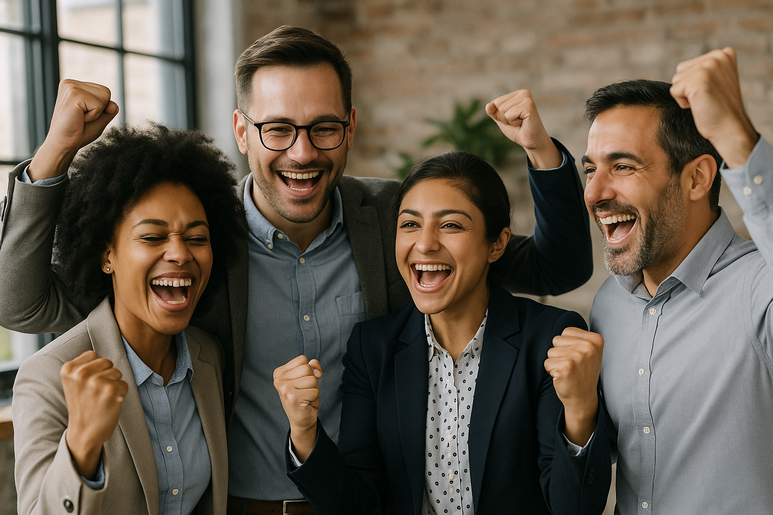 Un groupe diversifié d'entrepreneurs célébrant un succès collectif.