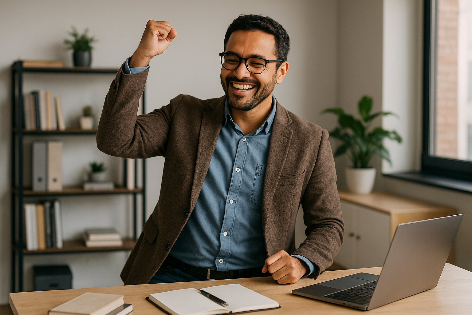 Un entrepreneur célébrant ses réussites, un pas essentiel contre le syndrome de l’imposteur.