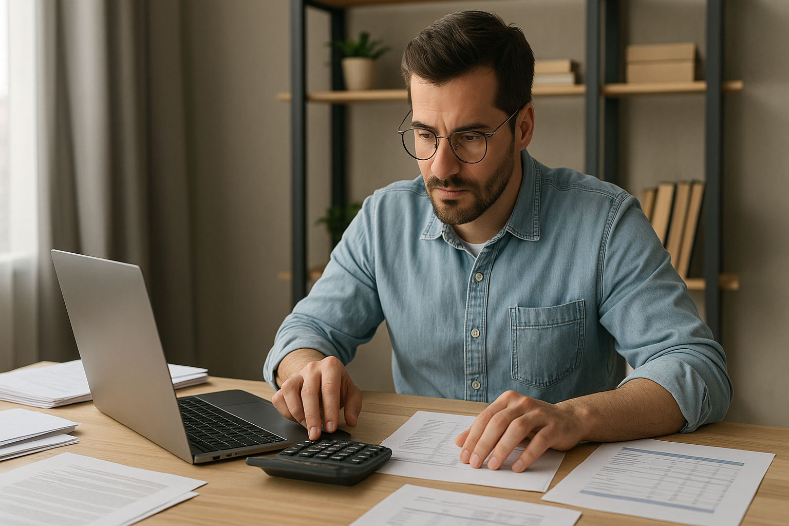 Freelance à son bureau calculant son taux horaire avec un ordinateur portable.