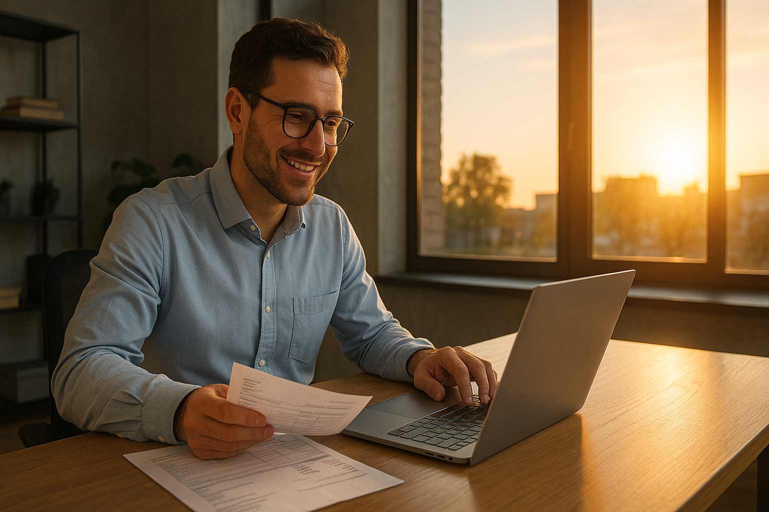 Entrepreneur utilisant un ordinateur pour gérer des documents commerciaux dans un bureau.