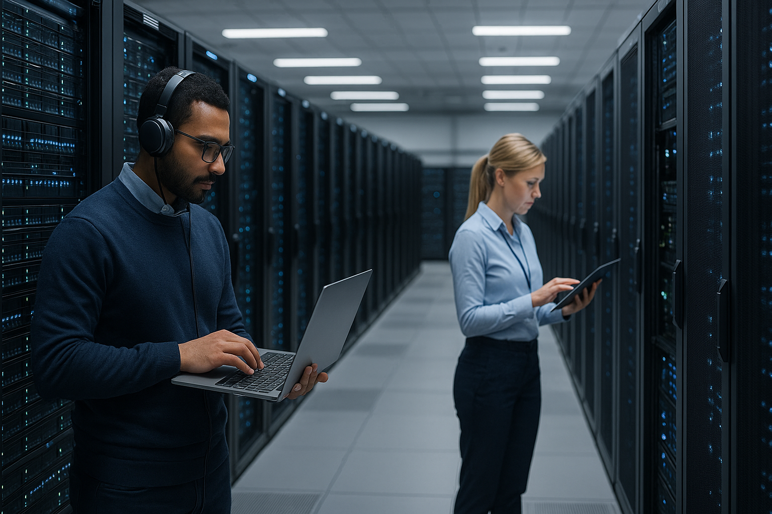 Centre de données avec installations de serveurs et interactions numériques.