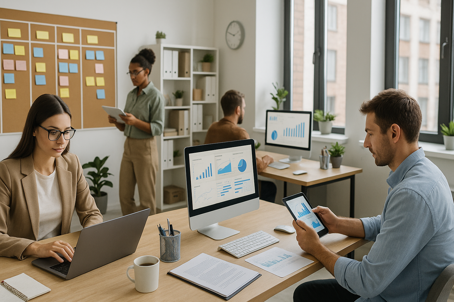 Salle de travail moderne avec outils numériques et tableaux Kanban.