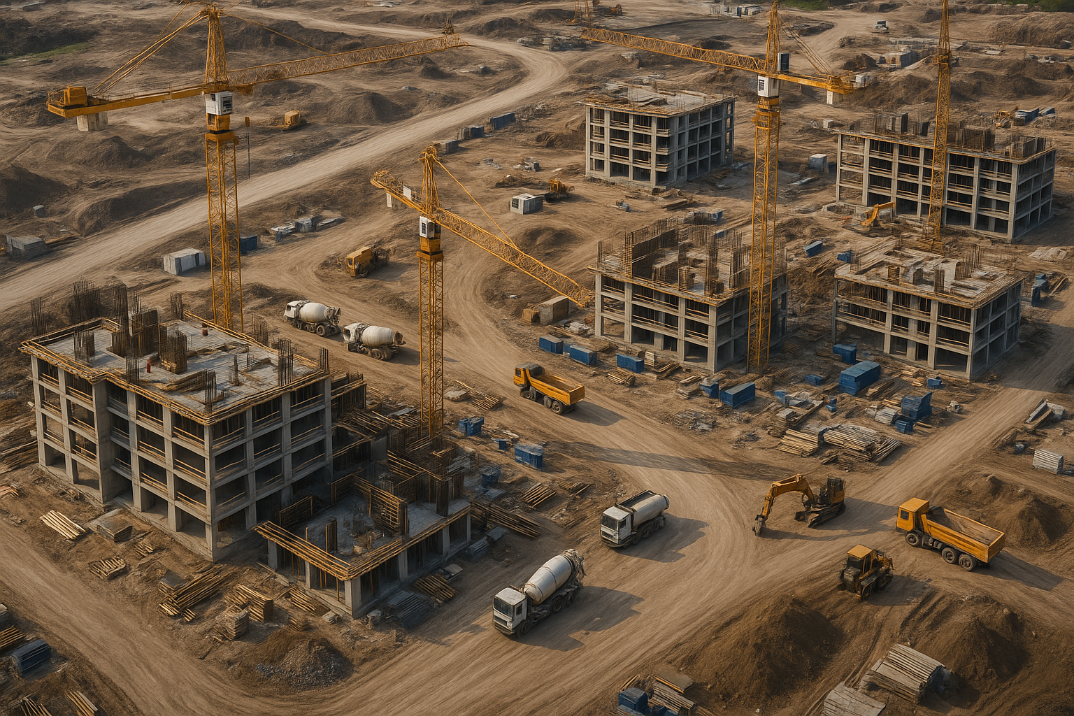 Vue aérienne d'un site de construction avec des grues et bâtiments.