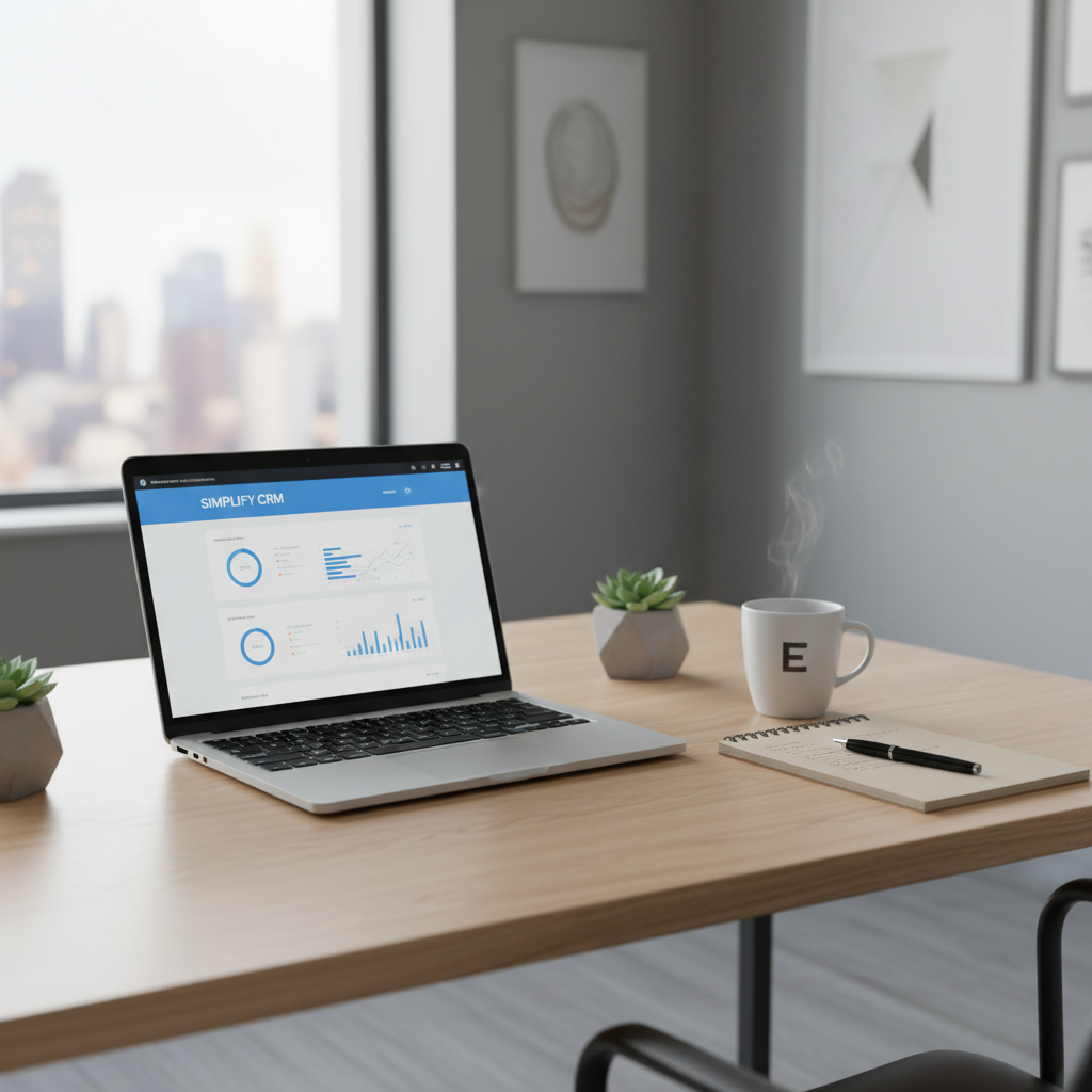 Un environnement de bureau ordonné avec un ordinateur portable affichant un tableau de bord CRM, symbolisant une gestion simplifiée.