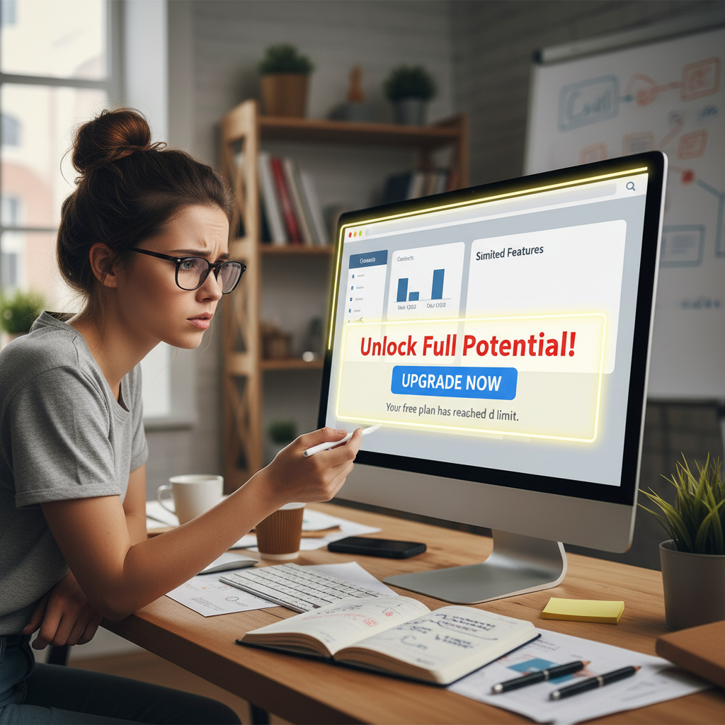 Le CRM gratuit ou pas cher : lequel choisir en 2026 pour votre entreprise ? 2 Un entrepreneur confronté aux fonctionnalités limitées d'un CRM gratuit, avec un message d'incitation à la mise à niveau.