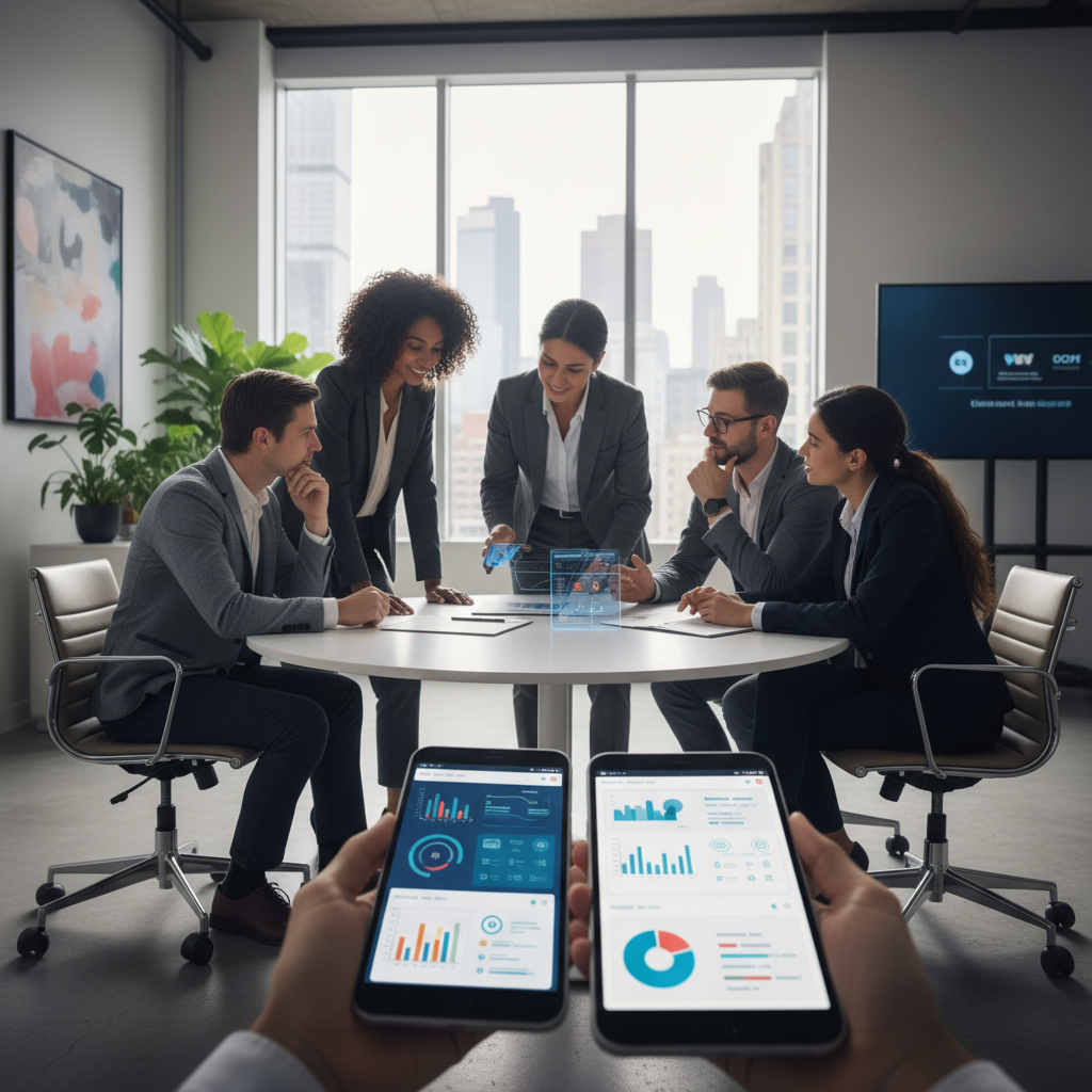 CRM mobile : gérez vos clients même en déplacement 5 Groupe de professionnels collaborant sur une application CRM mobile dans un bureau moderne.