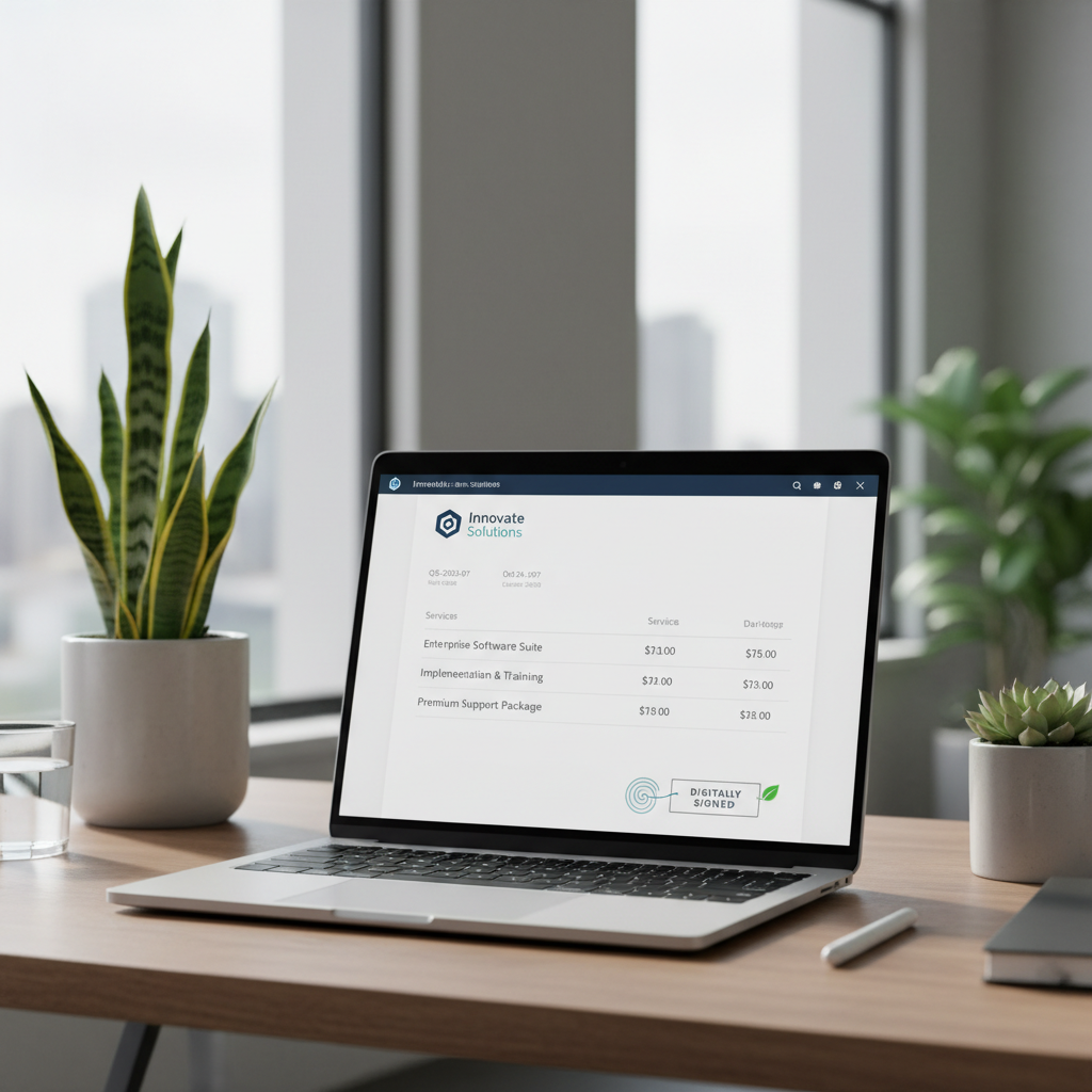 Comment automatiser ses devis en 5 minutes avec un CRM 1 Un ordinateur portable affichant la génération automatique d'un devis professionnel via un logiciel CRM.