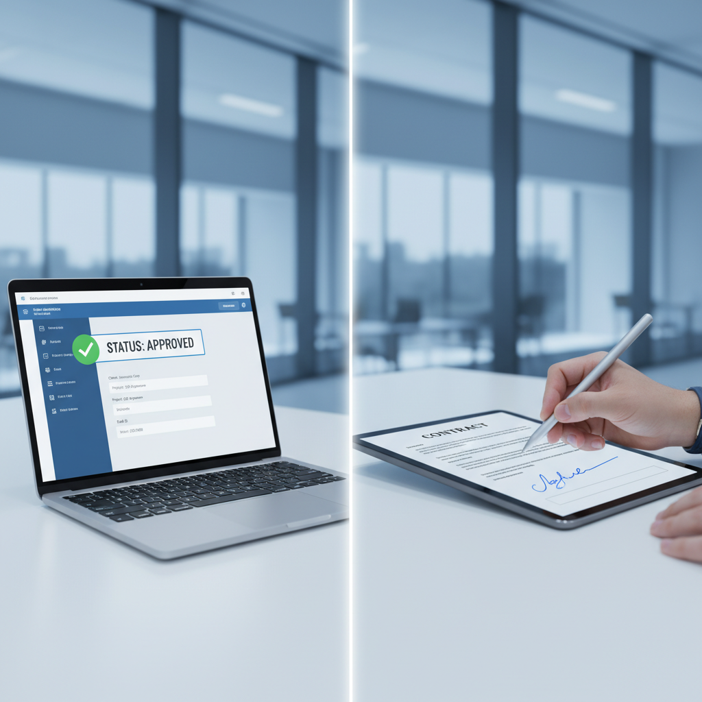 Comment automatiser ses devis en 5 minutes avec un CRM 4 Un ordinateur portable et une tablette illustrant le processus automatisé de création et de signature de devis via un CRM.