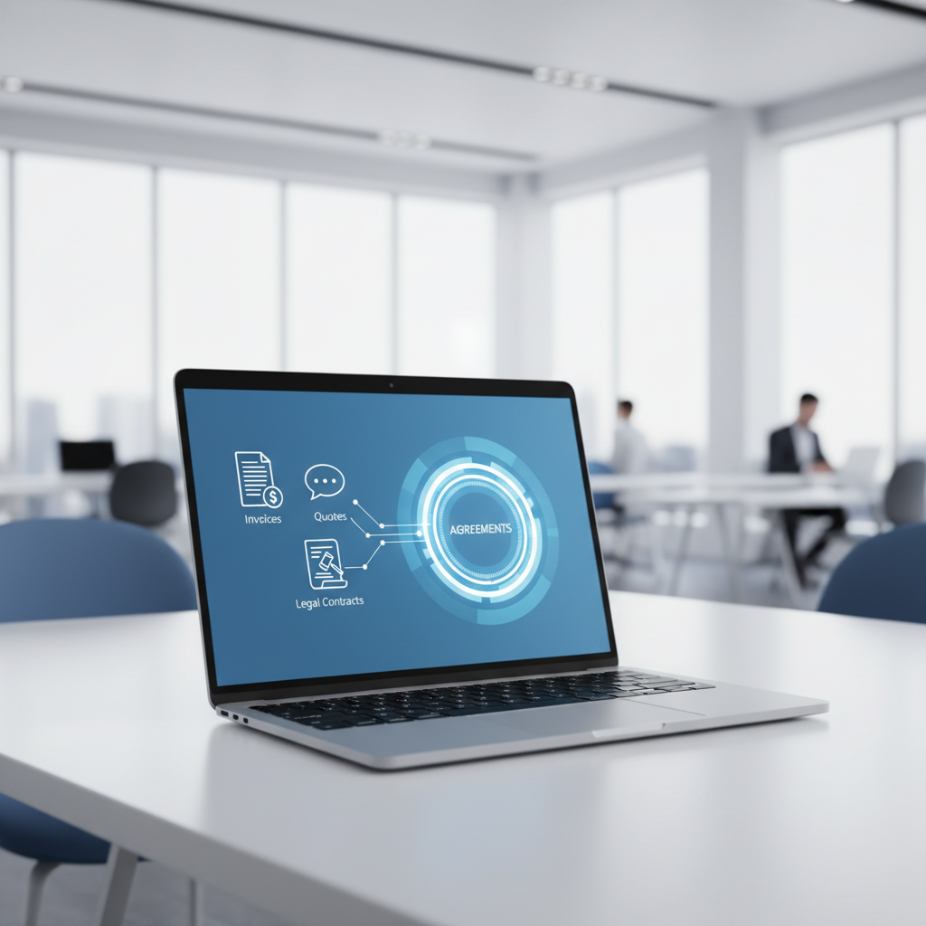 Interface numérique centralisant les devis, factures et contrats pour une entreprise B2B.