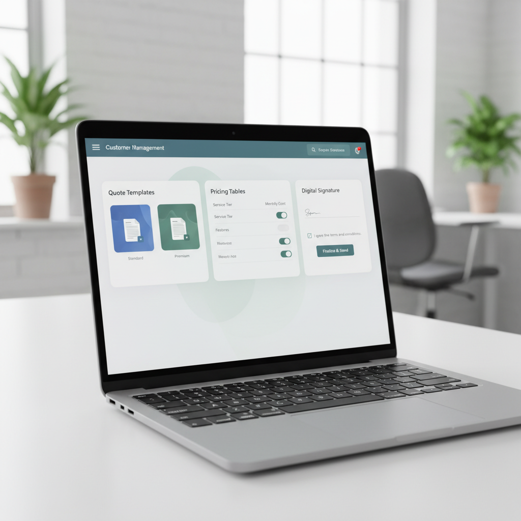 Comment automatiser ses devis en 5 minutes avec un CRM 2 Interface logicielle affichant un modèle de devis professionnel prêt à être envoyé avec signature électronique.