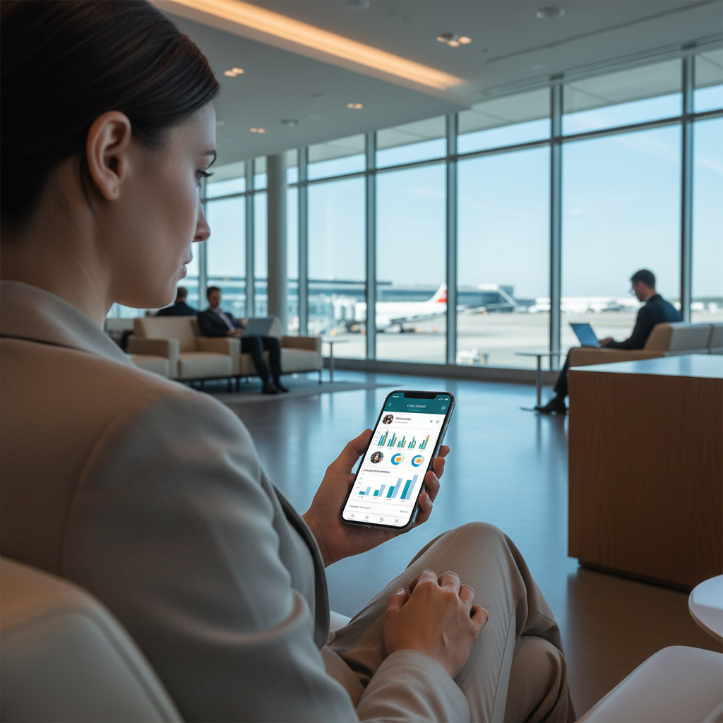 CRM mobile : gérez vos clients même en déplacement 1 Commercial utilisant une application CRM sur smartphone dans un salon d'aéroport pour gérer ses ventes.