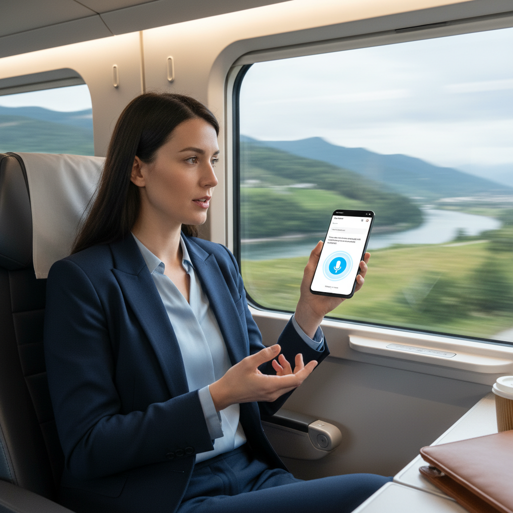 CRM mobile : gérez vos clients même en déplacement 3 Commercial utilisant les fonctionnalités vocales et hors-ligne de son CRM mobile dans un train.