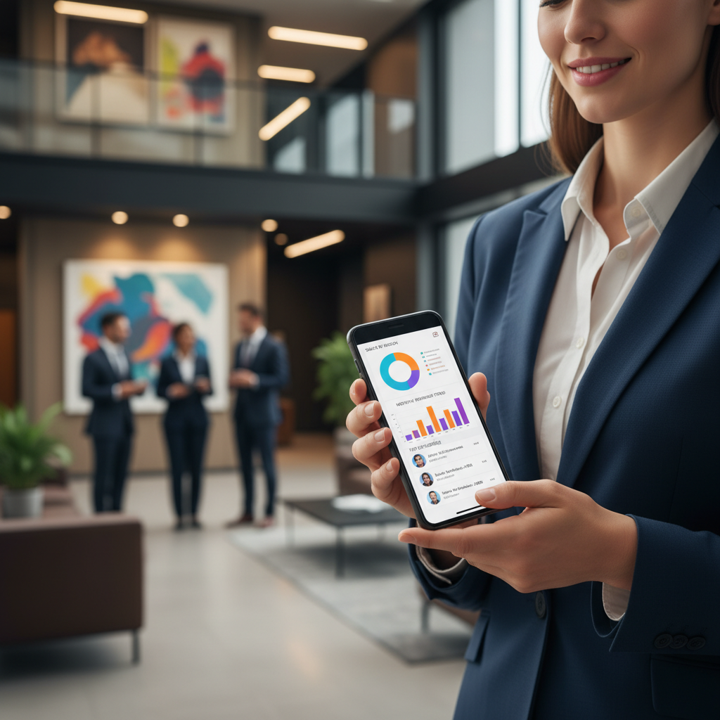 Un commercial consultant son application CRM mobile sur son smartphone.