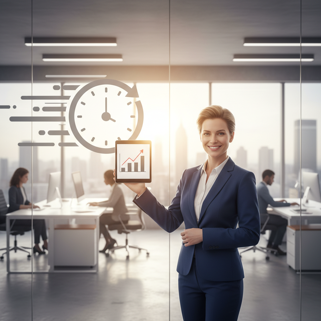 Entrepreneur souriant et productif utilisant une tablette dans un bureau moderne