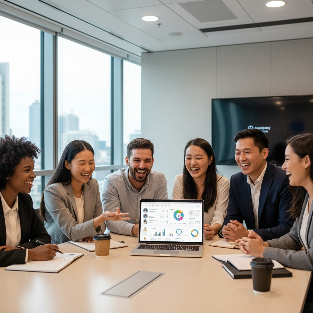 Équipe commerciale satisfaite regardant un écran d'ordinateur