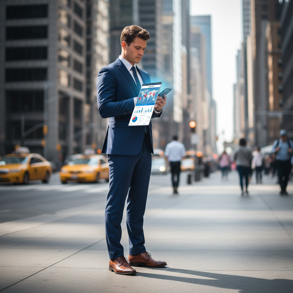 CRM mobile : gérez vos clients même en déplacement 2 Commercial utilisant une application CRM mobile avec carte de géolocalisation et graphiques de données.