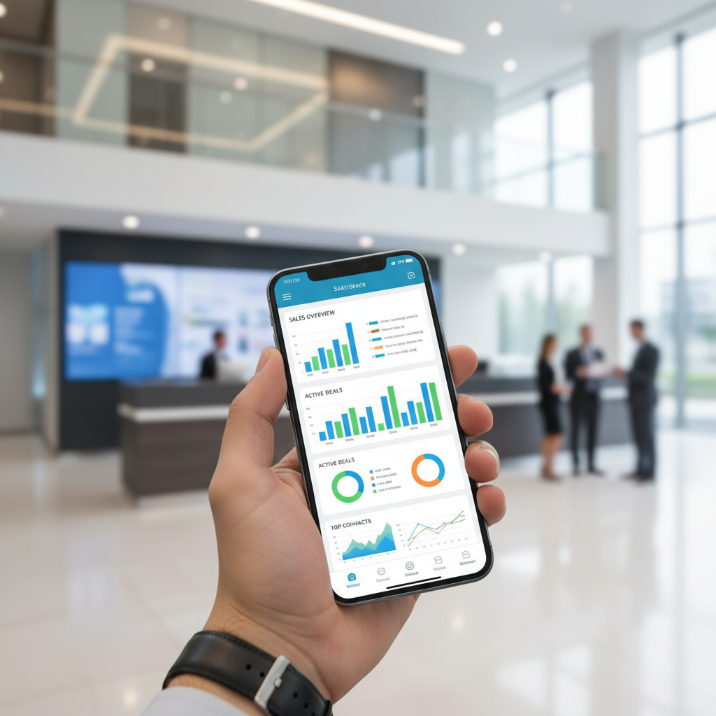 CRM mobile : gérez vos clients même en déplacement 4 Interface d'application CRM mobile sur smartphone montrant des graphiques et la gestion de la sécurité.